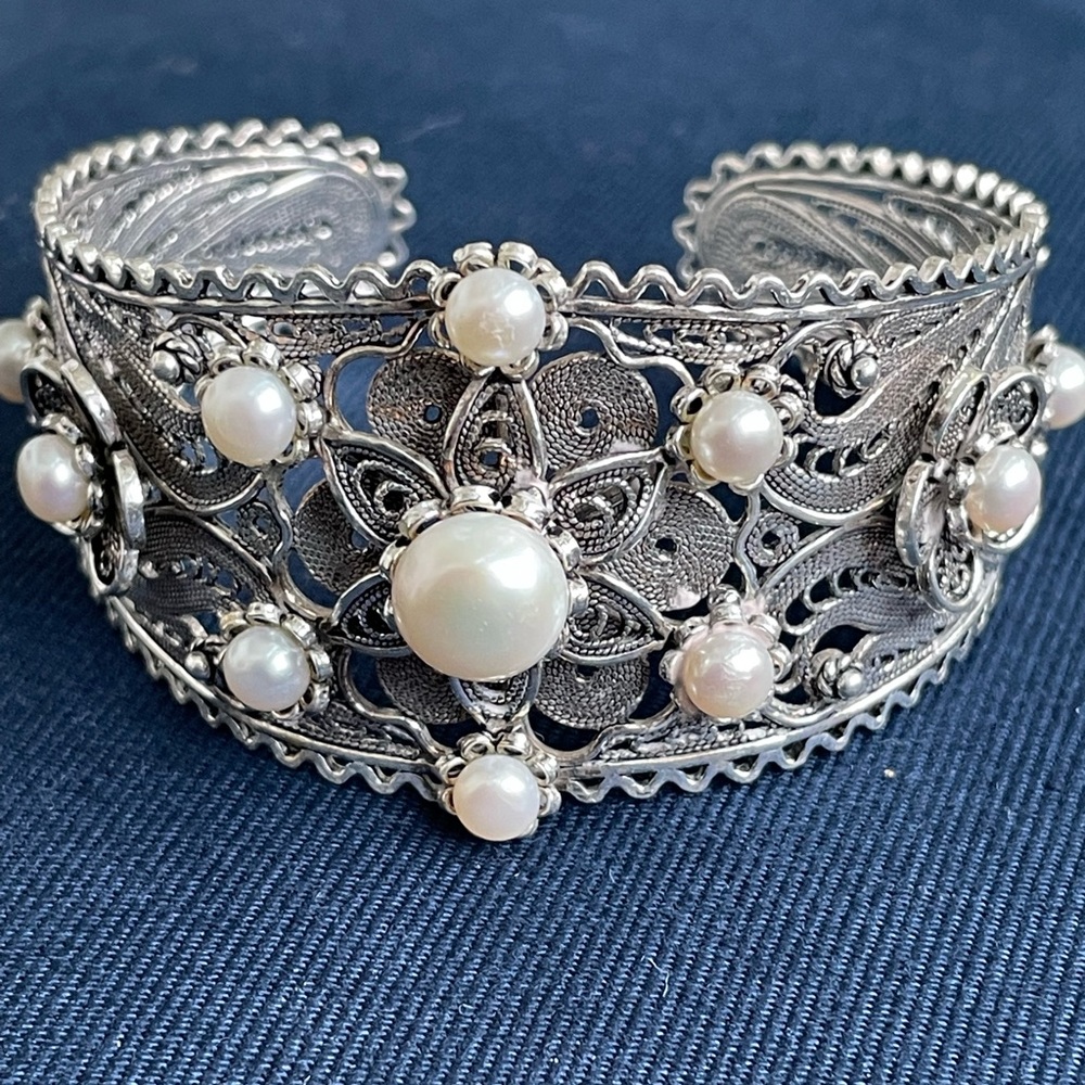 SILVER AND PEARL FILIGREE CUFF BRACELET